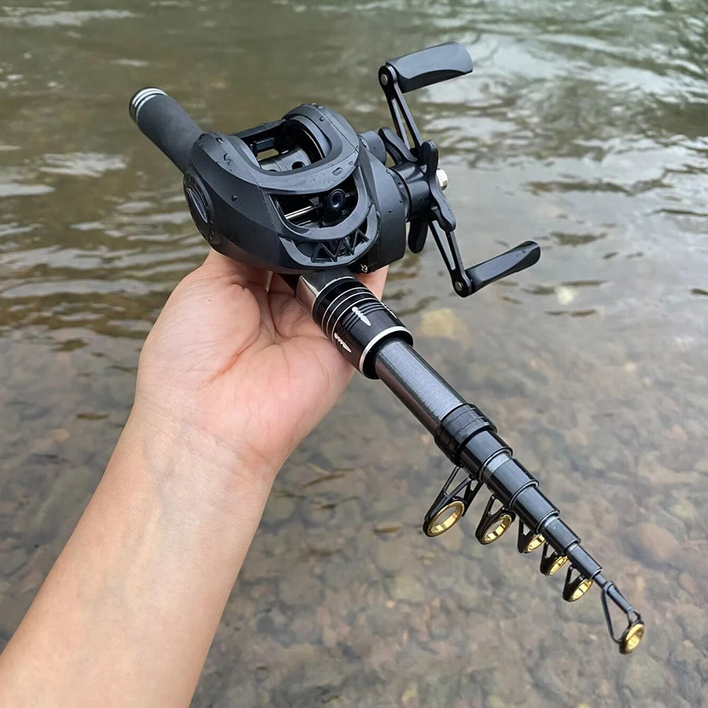 Mini Shrink 31cm Portable Fishing Rod Kit 1.5-2.1M Telescopic Carbon Trave Pole High Speed 7.2:1 Baitcasting Reel Carp Fishing