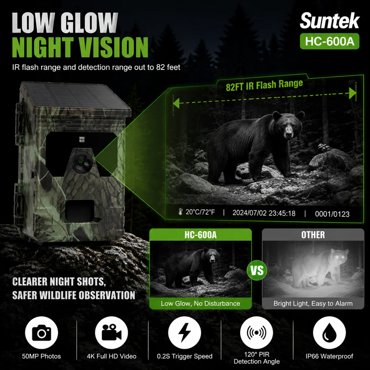 50MP 4K Solar Panel Hunting Camera Infrared Night Vision Monitoring Wildlife Trap Trail Camera Video Photo Recorder Cam