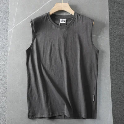 Summer New American Sleeveless O-neck Solid Color T-shirt Men's Fashion 100% Cotton Washed Casual Sports Fitness Basketball Vest