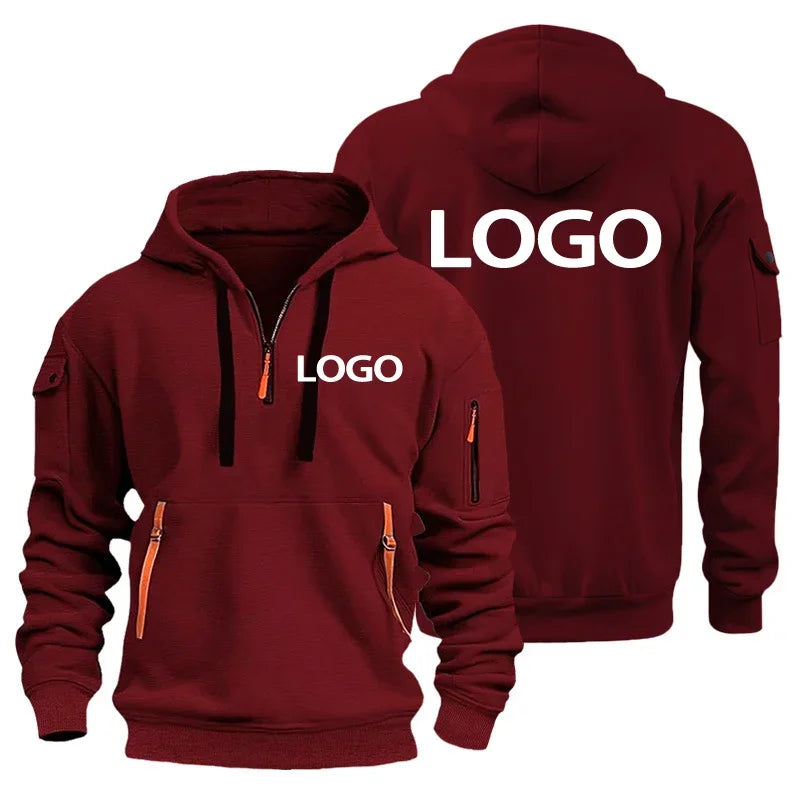 New European Men's Sports Sweater with Zipper and Arm Pockets, Customize Your Logo, Hooded Sweater Cover And