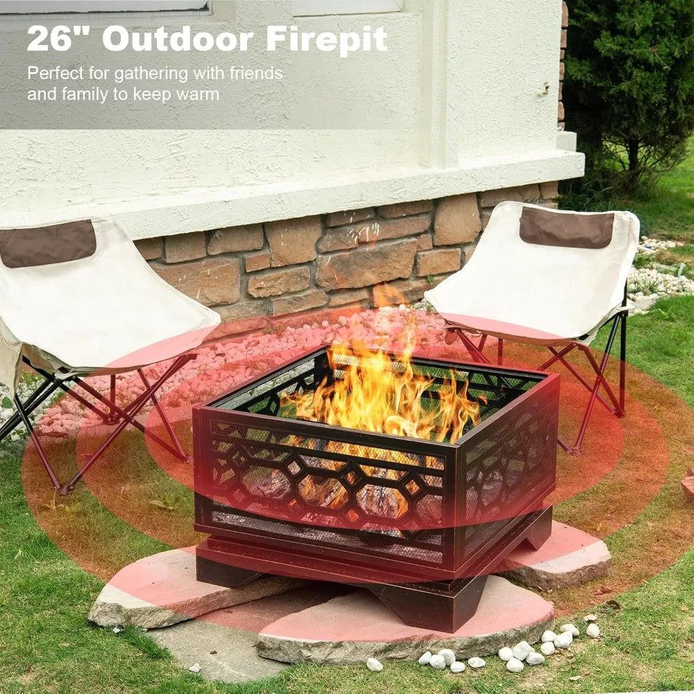 26in Fire Pit Wood Burning Outdoor Fireplace Mesh Cover