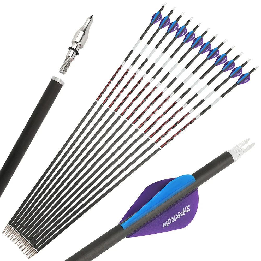 Pure Carbon Archery Arrows 12Pcs Multi Spine 300 400 500 Shaft ID 6.2mm Straightness +/-0.003 Inch High Precision Arrow Shafts Compatible with Compound Recurve Bow for Outdoor Hunting Target Practice Shooting Sports