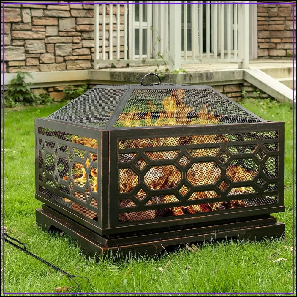 26in Fire Pit Wood Burning Outdoor Fireplace Mesh Cover