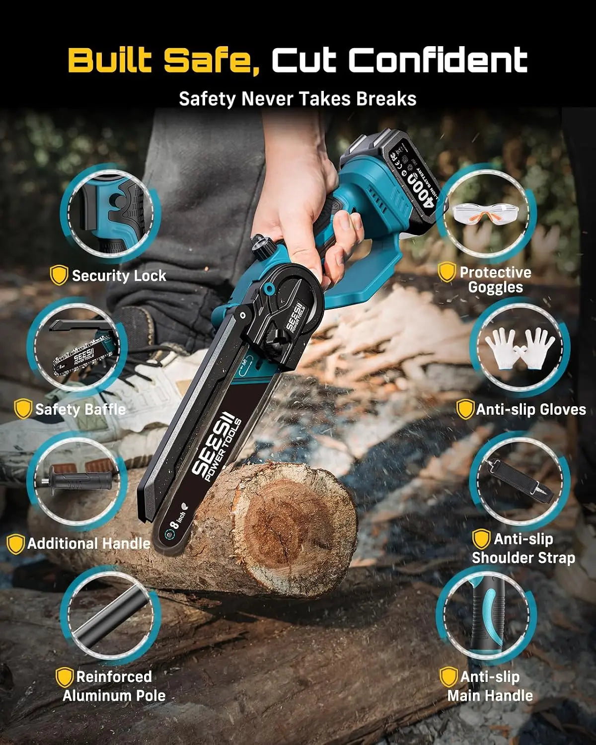 SEESII 8'' Brushless Polesaw Electric Chainsaw with 3M Extension Pole 2 in 1 High Branch Saw Cordless Chainsaw Tree Trimming Limb Cutter Pruner for Makita 18V Battery Pin