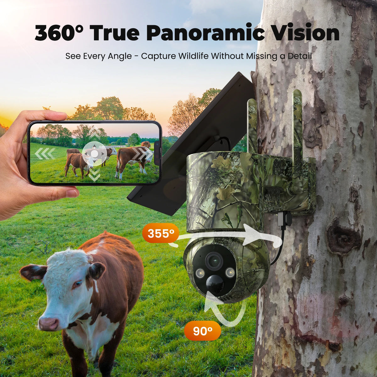 4G Solar-Powered LTE Cellular Trail Camera (With a SD Card And a SIM Card), Color Night Vision, Two-Way Talk, 1080P FHD, 360°True Panoramic Vision, SD Card/Cloud Storage, PIR Detection, Instant Alerts, Instant Communication,