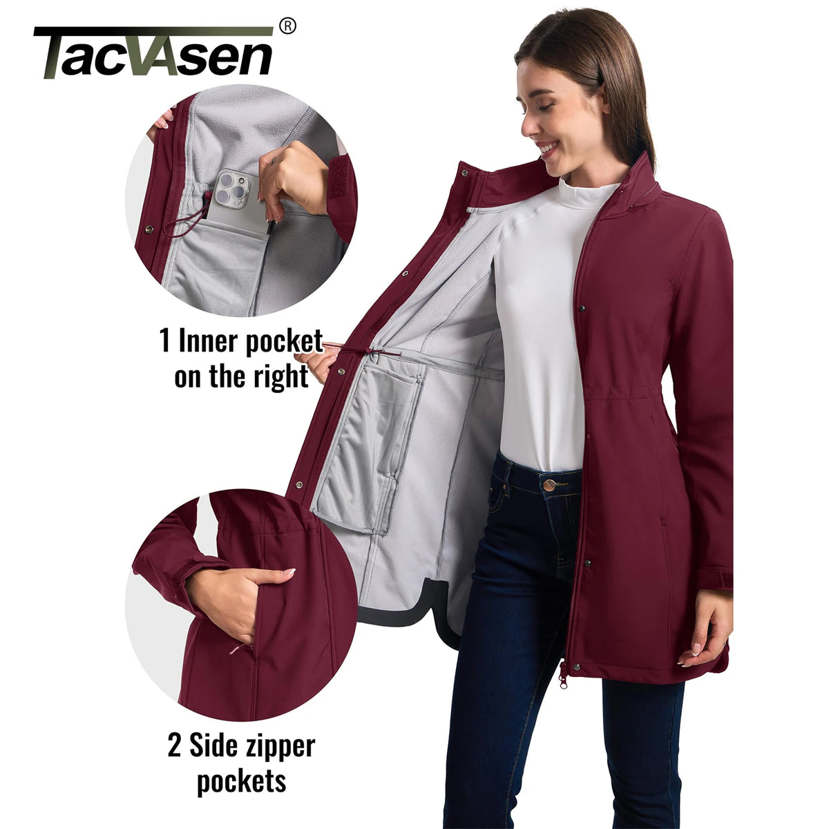 TACVASEN Womens Warm Fleece Lined Softshell Jackets Winter Long Jackets Windproof Hooded Rain Coat Outdoor Windbreaker Parka