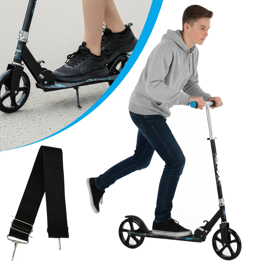 The scooter is height-adjustable and features ergonomic handlebars and a rear wheel friction brake.