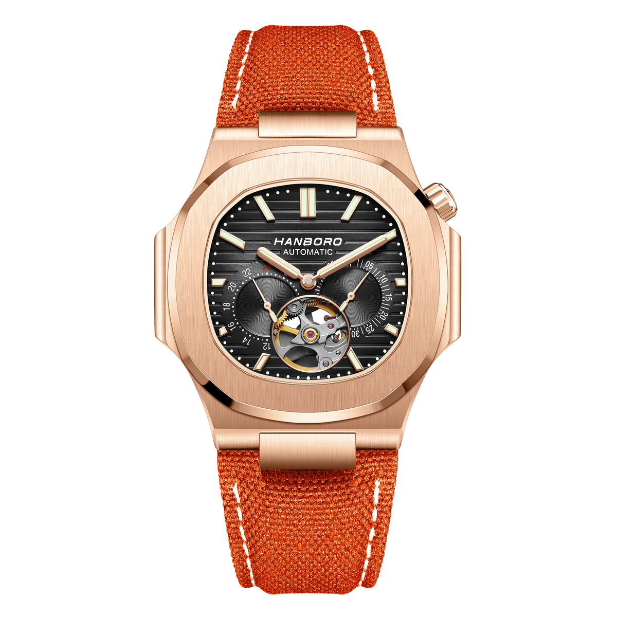 HANBORO Creative Crown Design Rose Gold Square Men's Brown Skull Mechanical Watch Canvas Strap Personalized Japanese Movement