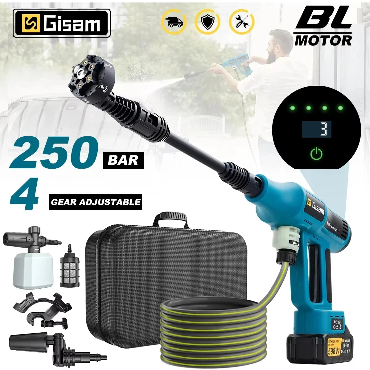 Gisam 250Bar Brushless Electric High Pressure Washer Gun 4Gear Power Home Car Washing Water Spray Gun for Makita 18V Battery Pin