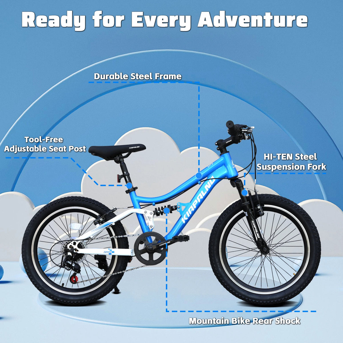 20 Inch Kids Mountain Bike Full Suspension, 7-Speed Mountain Bicycle with Dual V-Brakes and Carbon Steel Frame, MTB Bike for Boys Girls 7-15 Years Old