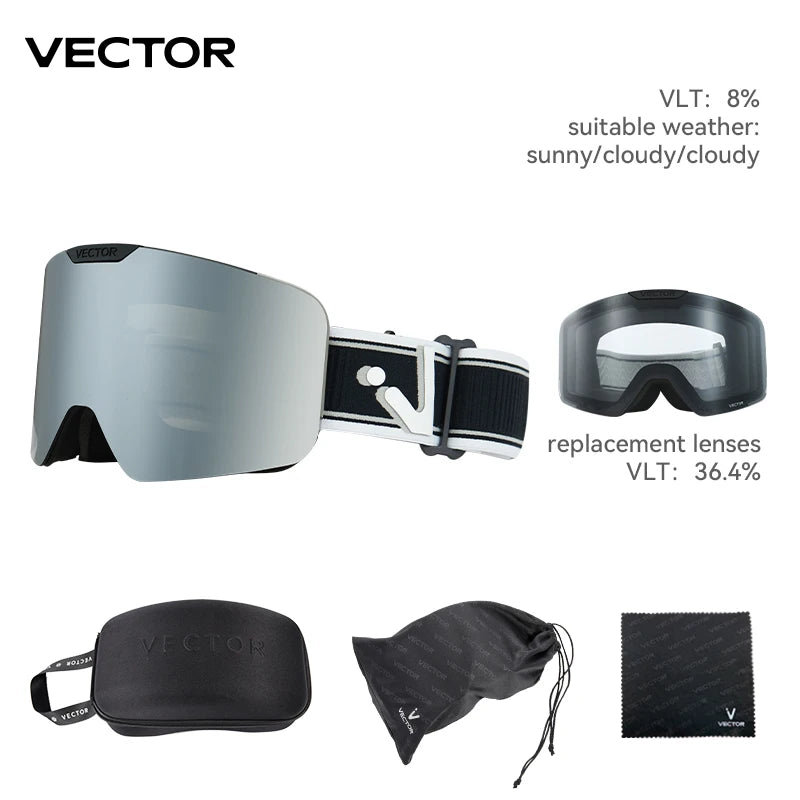 VECTOR Magnetic Ski Goggles with Quick-Change Lens and Case Set 100% UV400 Protection Anti-fog Snowboard Goggles for Men & Women