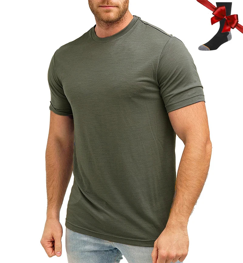 100% Superfine Merino Wool T Shirt Mens Base Layer Shirt Merino Wool Wicking Breathable Quick Dry Anti-Odor +Merino Wool Socks