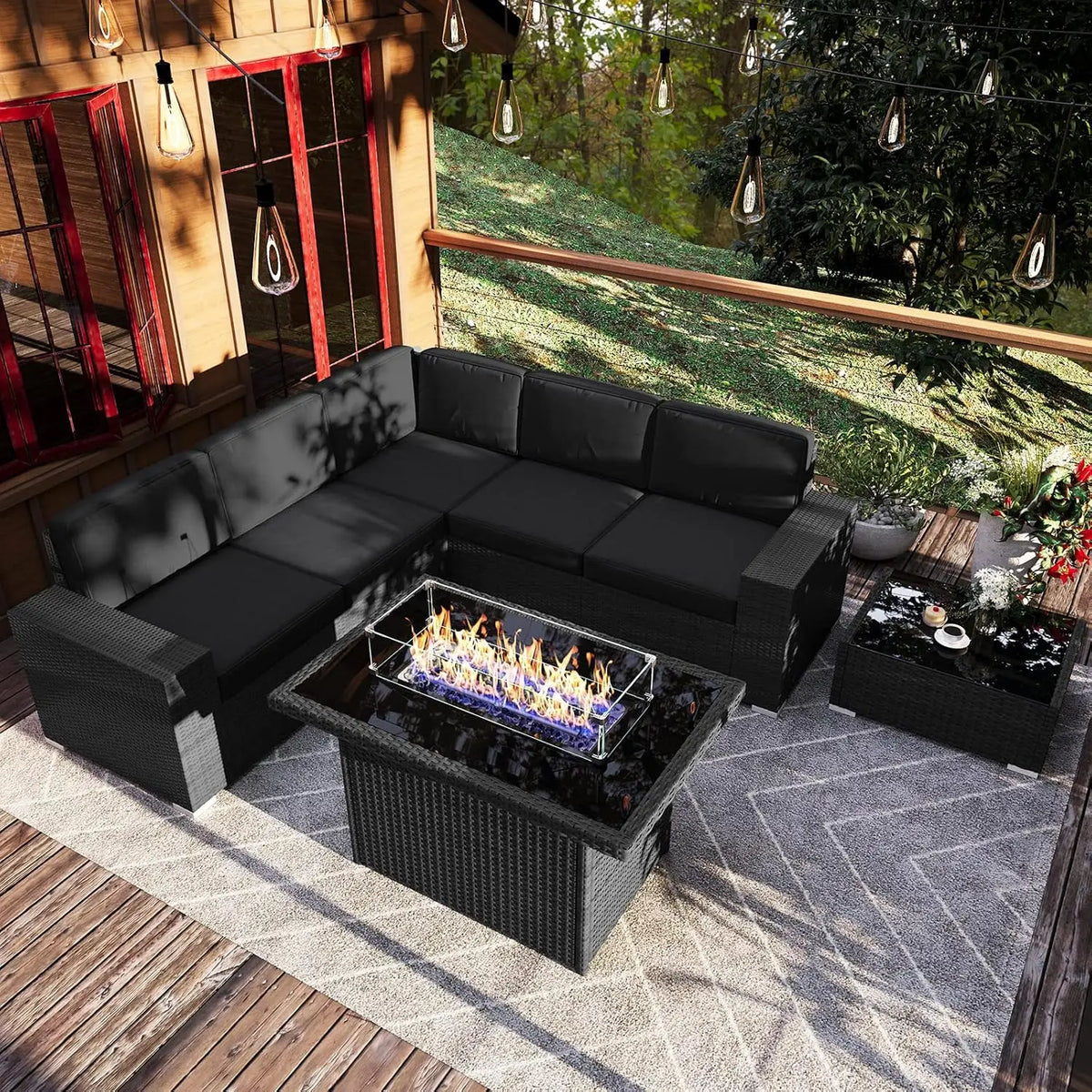 7 Pieces Patio Furniture Set with 44" Propane Gas Fire Pit Table, Outdoor Sectional Wicker Conversation Sofa Sets, Customized