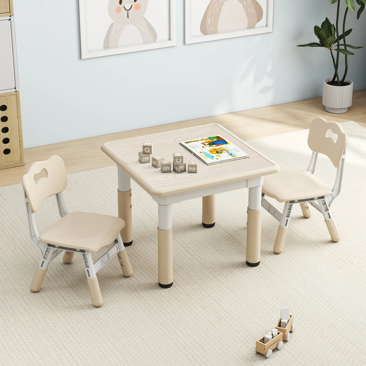 Kids Table and 2 Chairs Set, Height-Adjustable Toddler Table and Chairs Set with Doodle-Friendly Desktop, 23.6''L X 23.6''W Children Activity Table for Daycare, Classroom, Home