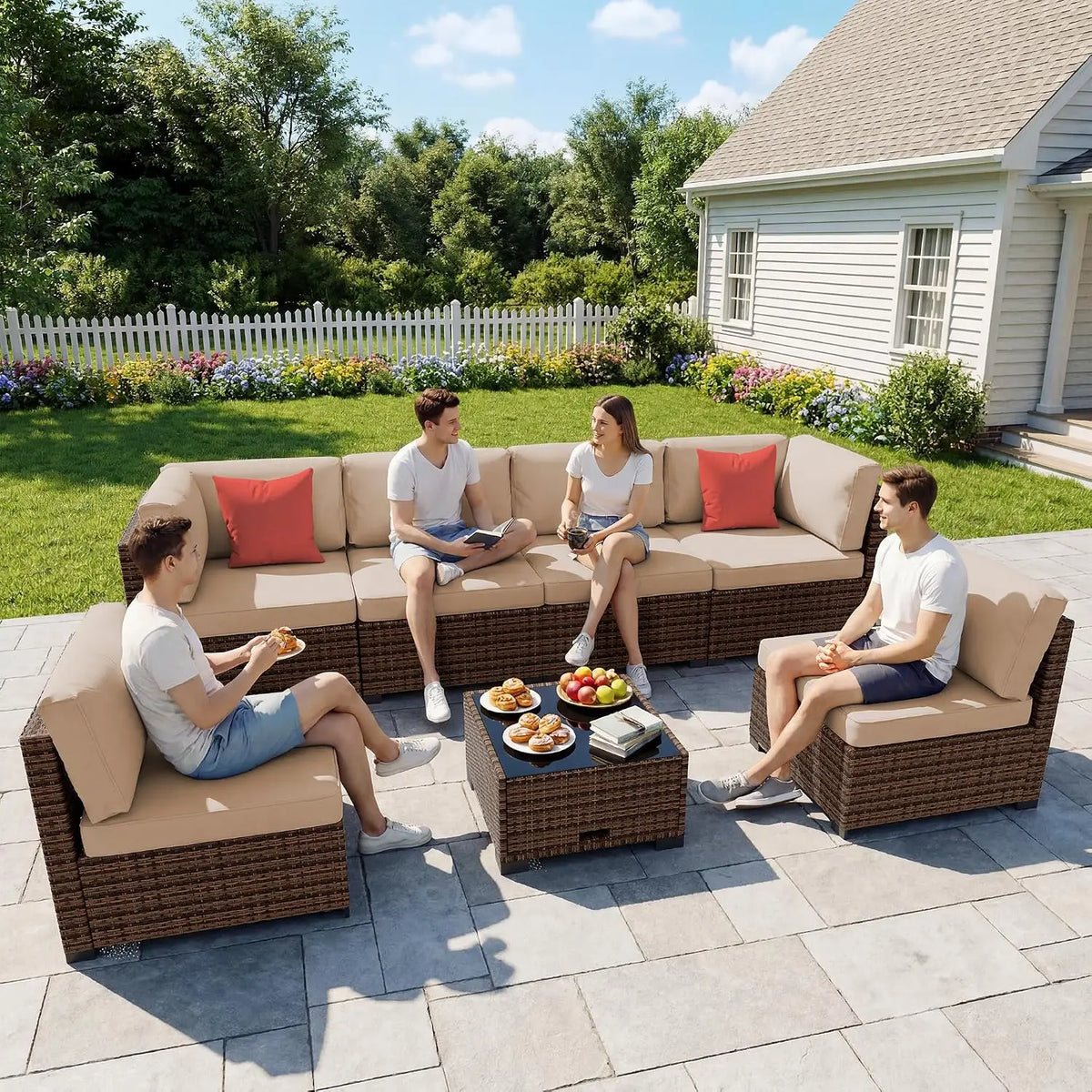 7 Pieces Outdoor Furniture Set, Wicker Furniture Patio Conversation Sets with Tea Table and Thickened Beige, Customized