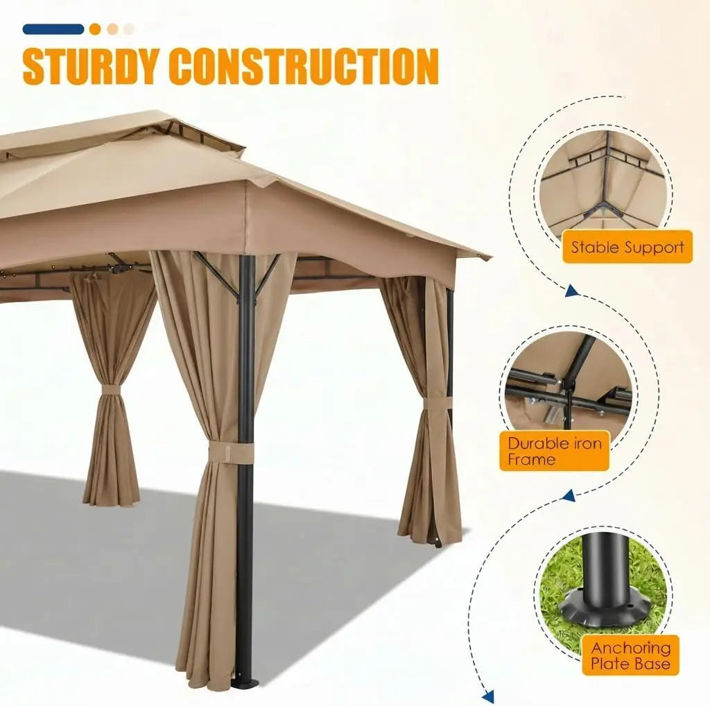12x20 FT Outdoor Gazebo with Curtains, Heavy Duty Soft Top Canopy, Vented Double Roof, Powder-Coated Steel Metal Frame, Large Patio Backyard Deck Garden Pavilion Tent Shade, UV-Resistant Weather-Resistant Gazebo