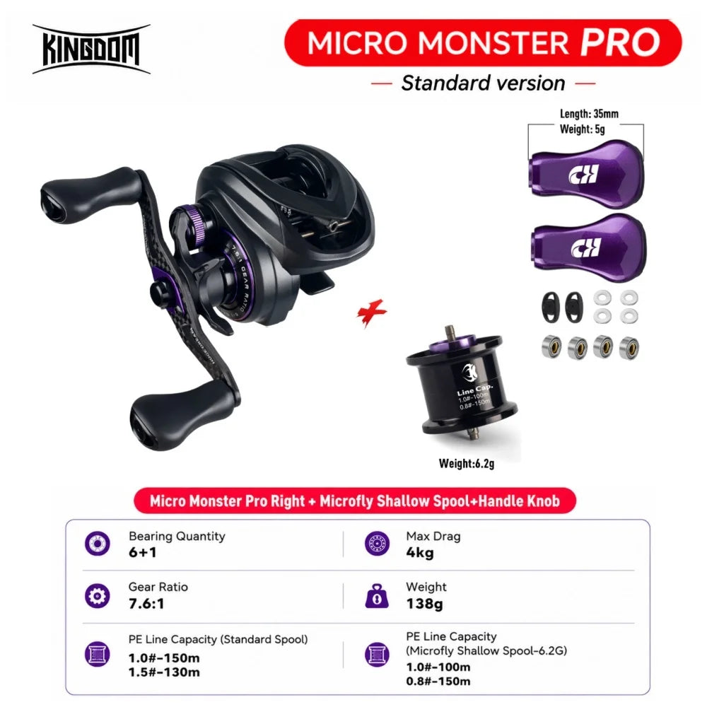 Kingdom Micro Monster Pro PRO+  Baitcasting Fishing Reel 4K/6kg Max Drag 7.6:1 Gear Ratio 138g Ultra-light Carbon Fishing Reel