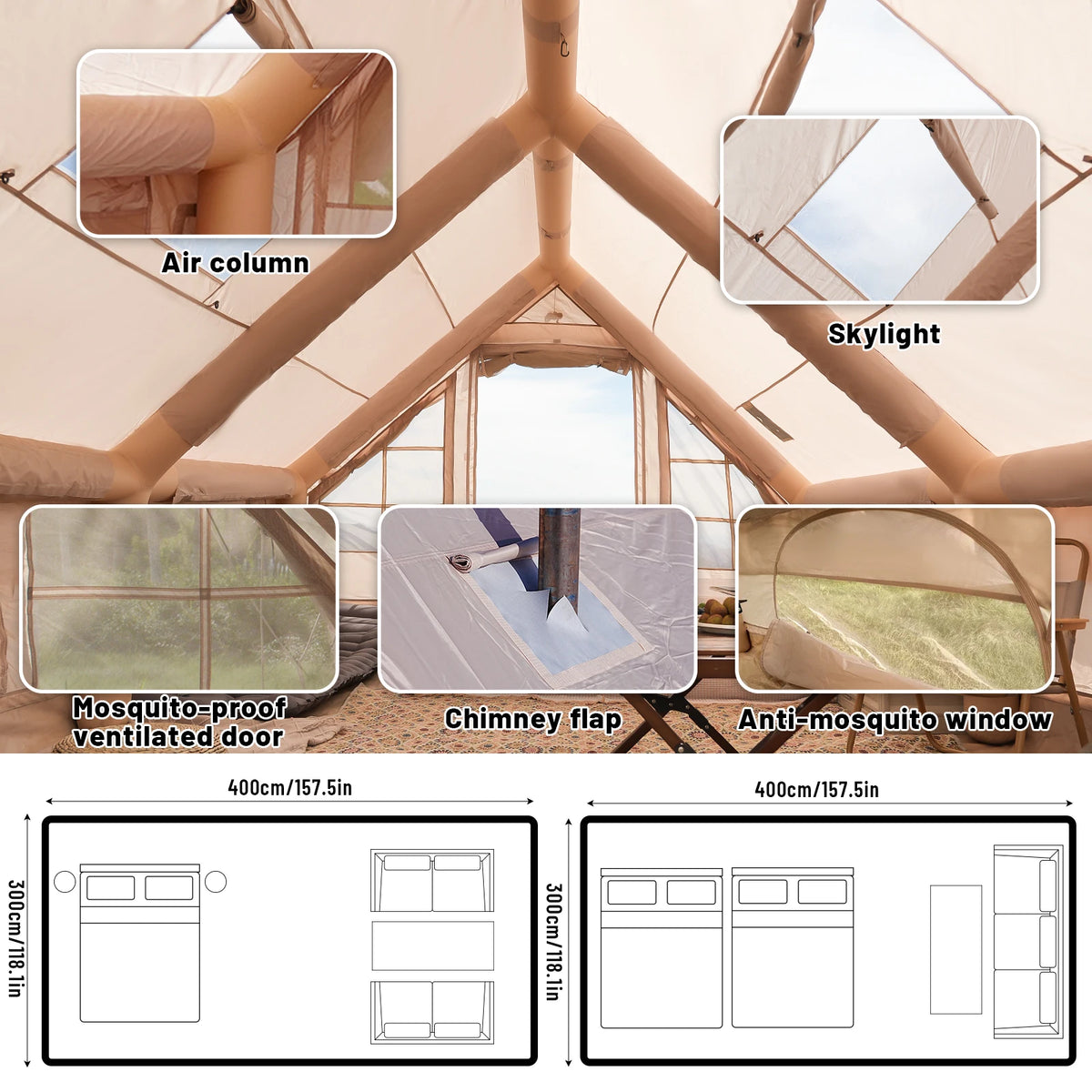 PAKICETUS Inflatable Camping Tent for 4-8 People, Breathable Mesh Windows Luxury Air Cabin Tent, UV Protection Quick Setup Outdoor Shelter for Hiking, Picnic, Backyard & Road Travel