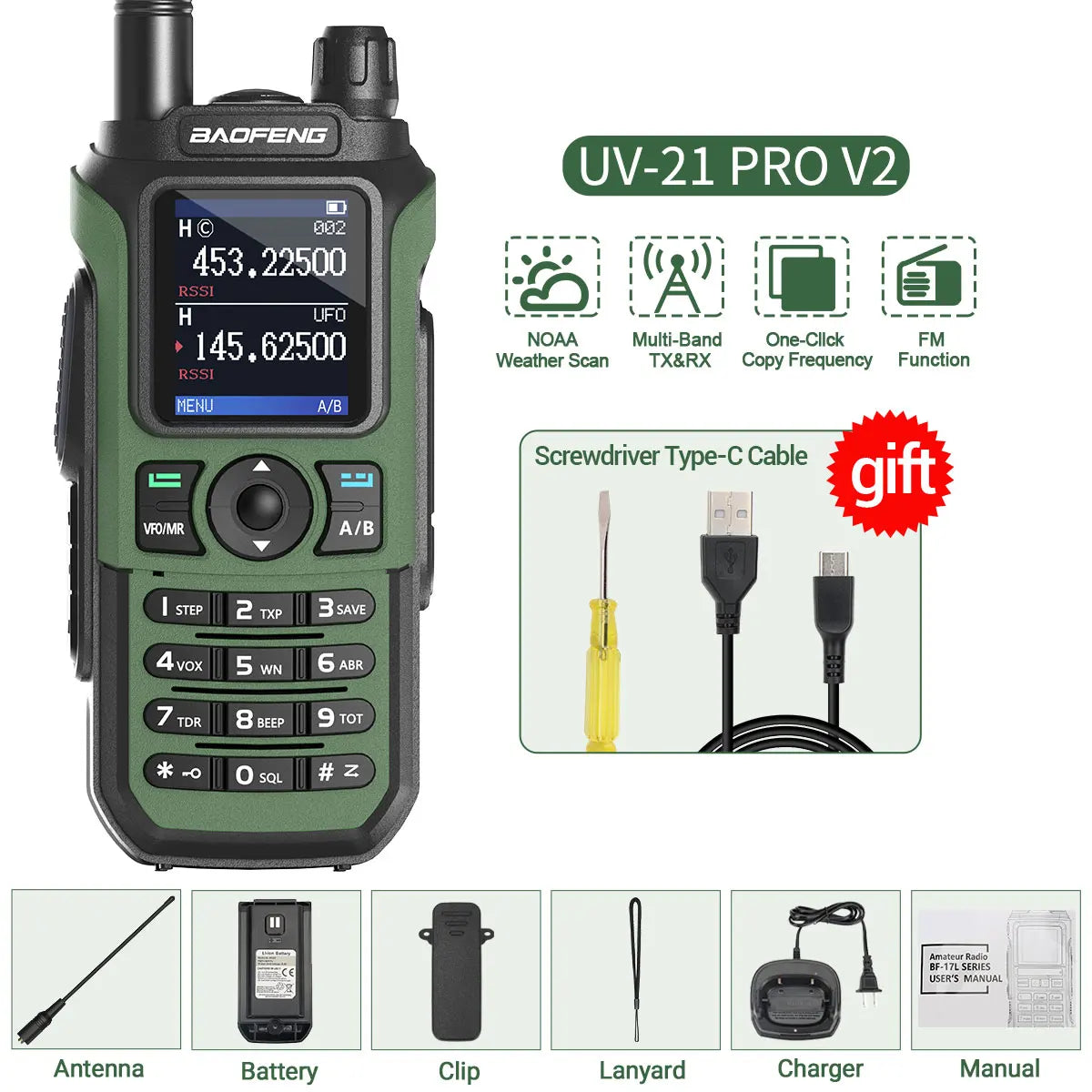 Baofeng UV-21 Pro Wireless Copy Frequency VHF UHF Powerful Waterproof V2 Long Range UV-32 Long Range Type-C Two Way Ham Radio