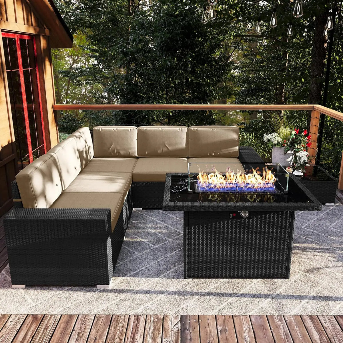 7 Pieces Patio Furniture Set with 44" Propane Gas Fire Pit Table, Outdoor Sectional Wicker Conversation Sofa Sets, Customized