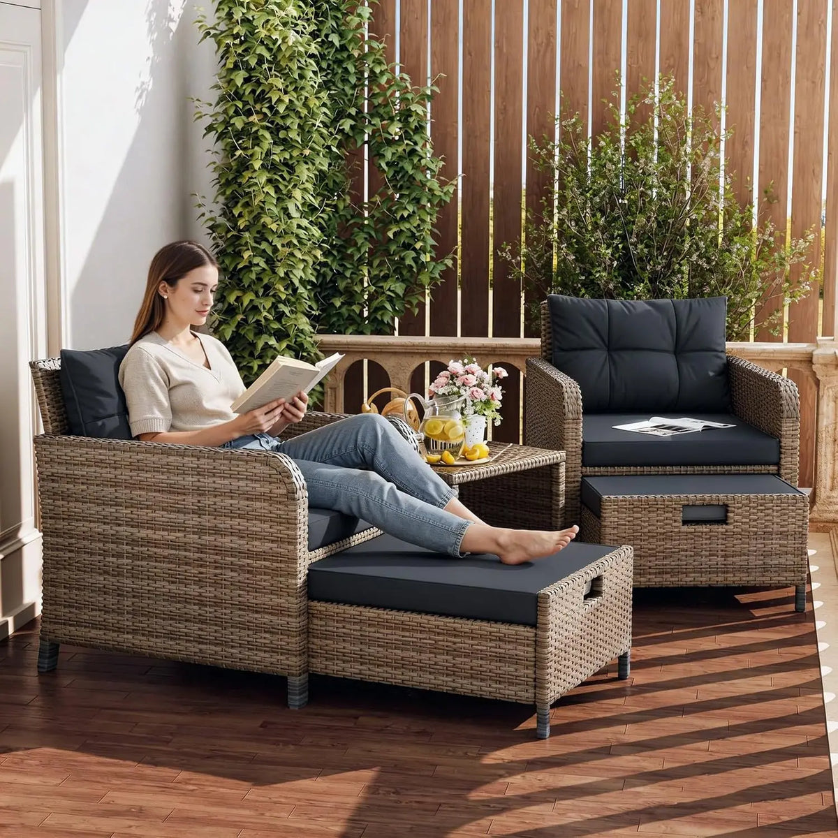 5 Piece Patio Furniture Set, PE Wicker Outdoor Furniture Set with Soft Cushions & Coffee Table, Outdoor Lounge Chairs, Custom