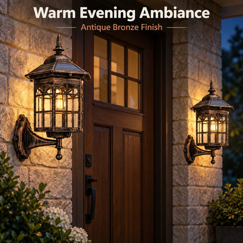 2 Pack Outdoor Solar Wall Lantern Lights With 1 USB LED Light Strip Decorative Wall Sconces Set For Front Porch Entryway Patio And Garden