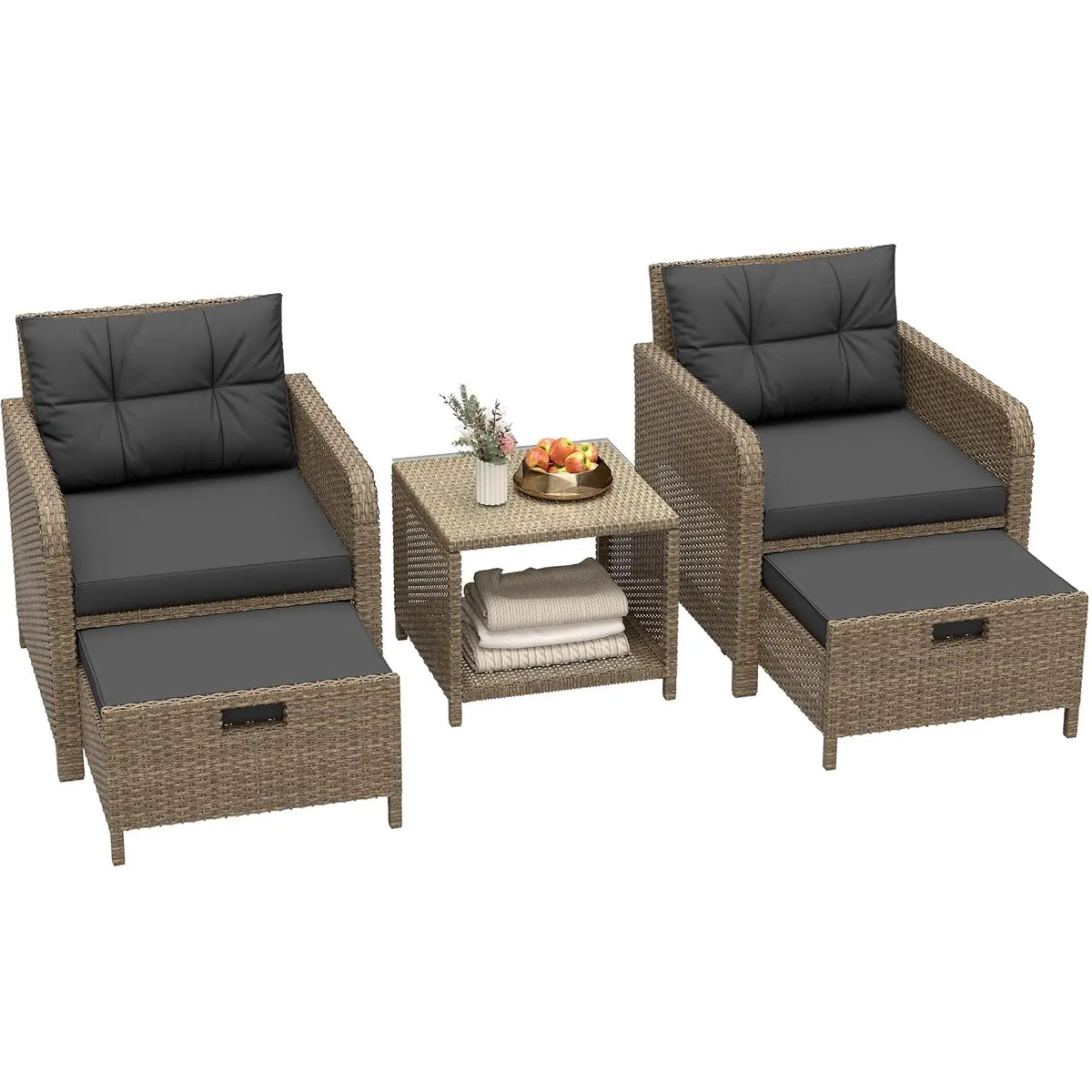 5 Piece Patio Furniture Set, PE Wicker Outdoor Furniture Set with Soft Cushions & Coffee Table, Outdoor Lounge Chairs, Custom