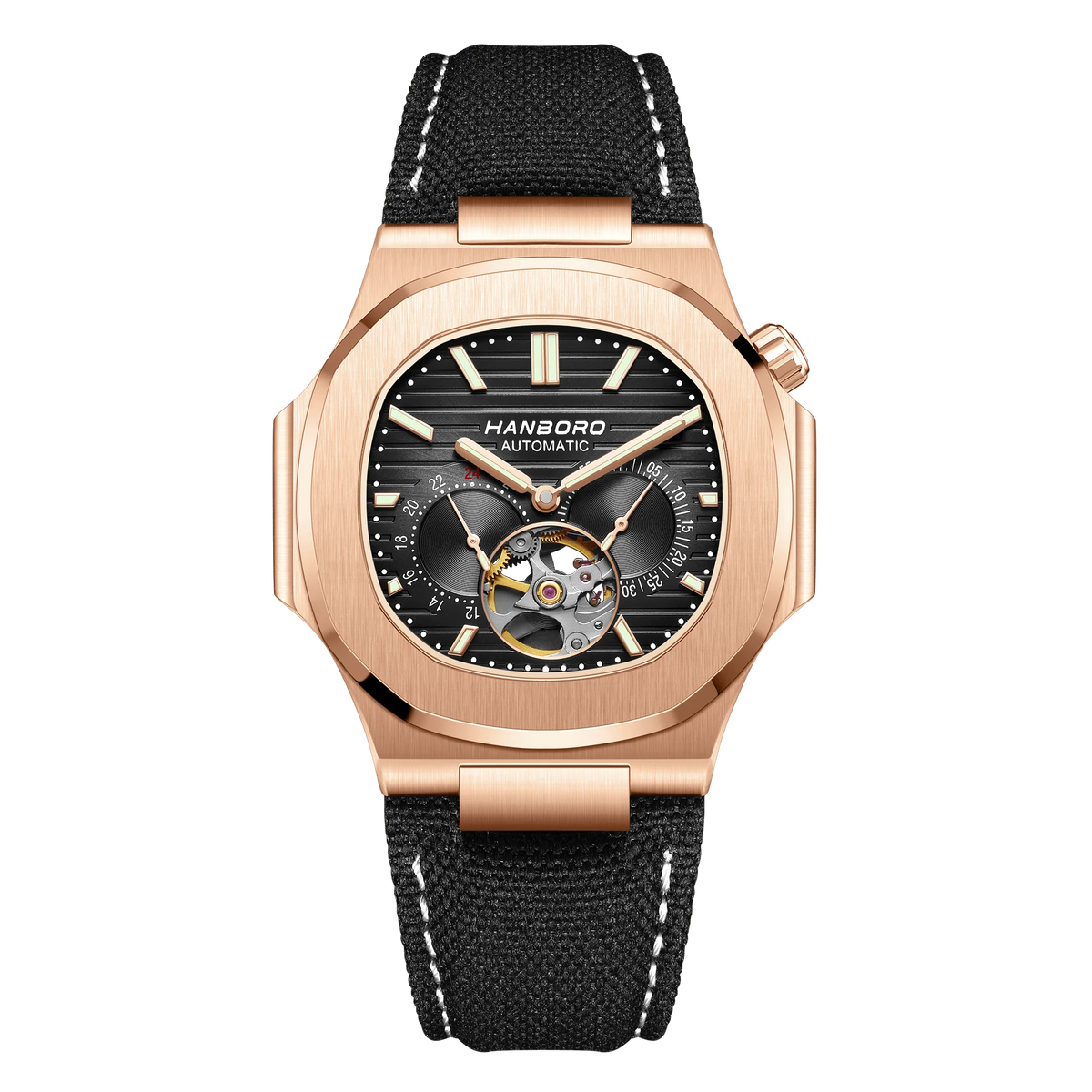HANBORO Creative Crown Design Rose Gold Square Men's Brown Skull Mechanical Watch Canvas Strap Personalized Japanese Movement