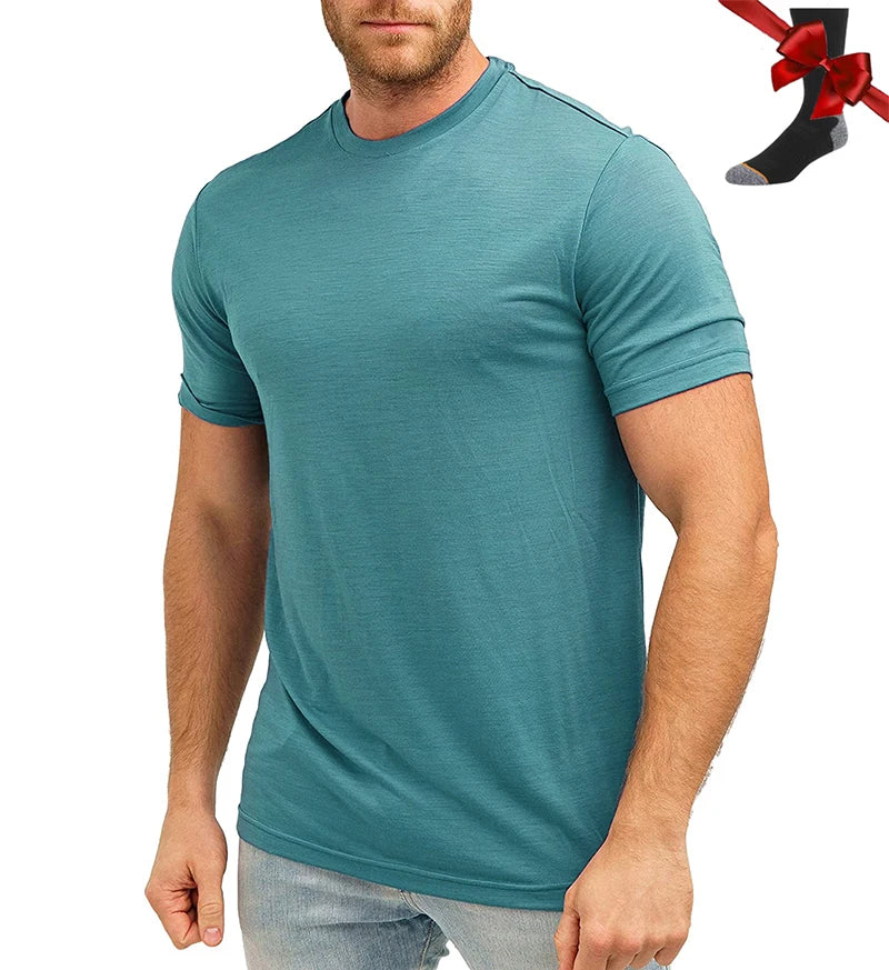 100% Superfine Merino Wool T Shirt Mens Base Layer Shirt Merino Wool Wicking Breathable Quick Dry Anti-Odor +Merino Wool Socks