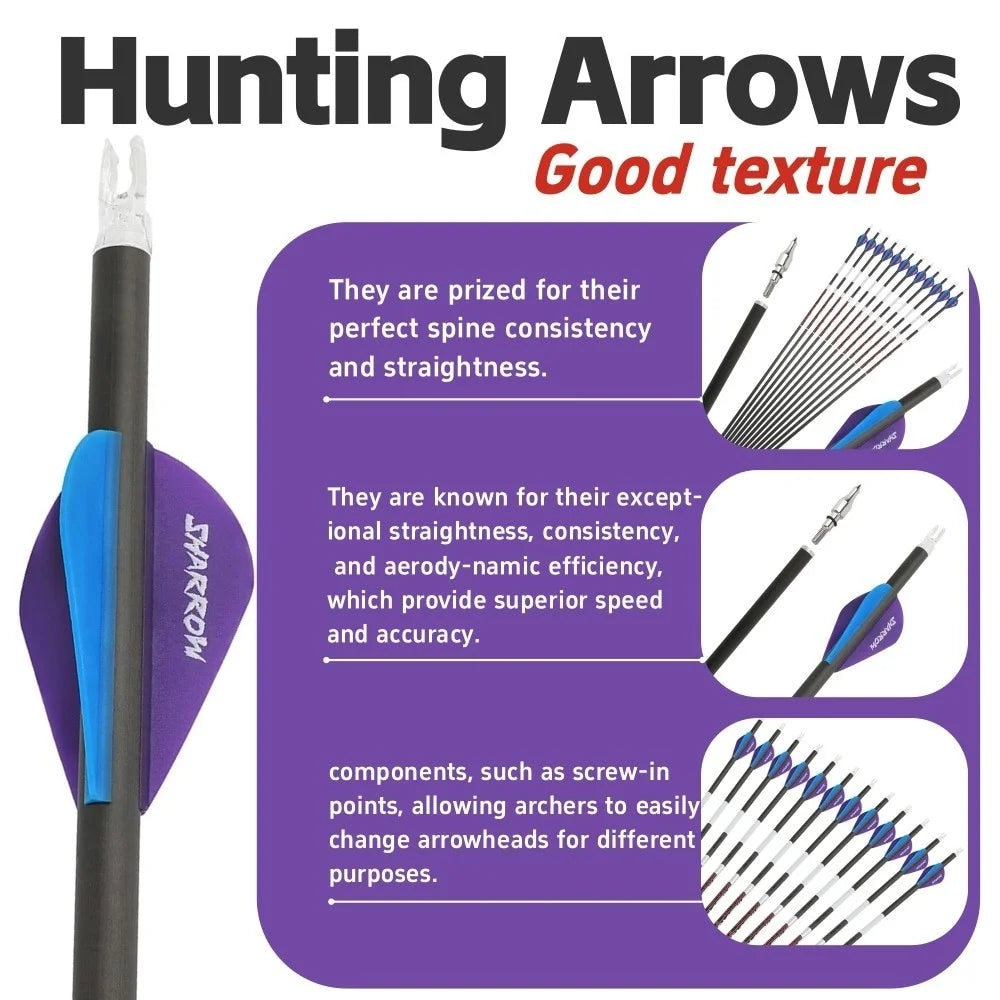 Pure Carbon Archery Arrows 12Pcs Multi Spine 300 400 500 Shaft ID 6.2mm Straightness +/-0.003 Inch High Precision Arrow Shafts Compatible with Compound Recurve Bow for Outdoor Hunting Target Practice Shooting Sports
