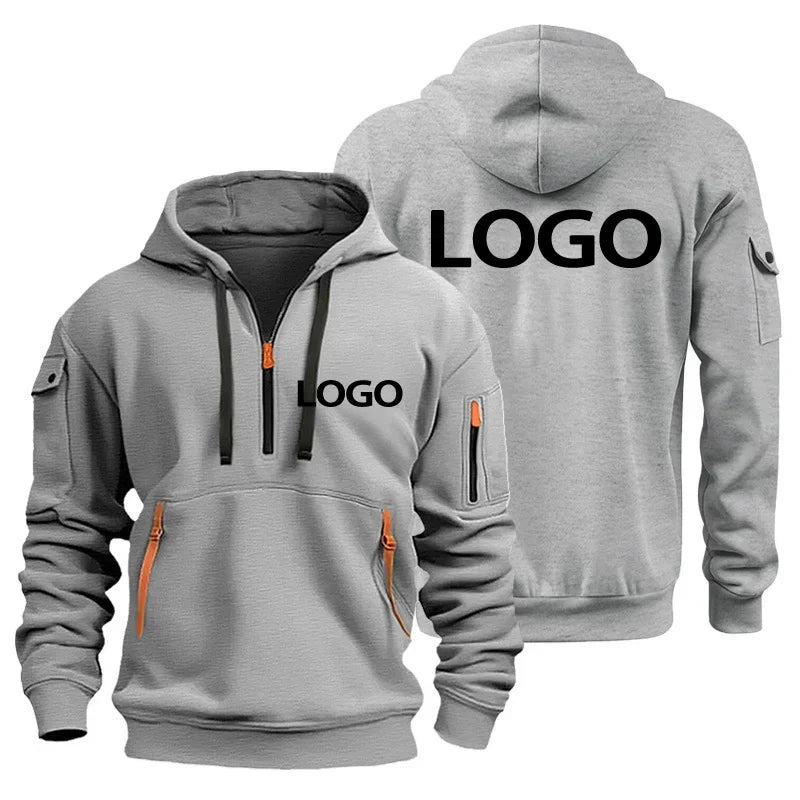 New European Men's Sports Sweater with Zipper and Arm Pockets, Customize Your Logo, Hooded Sweater Cover And