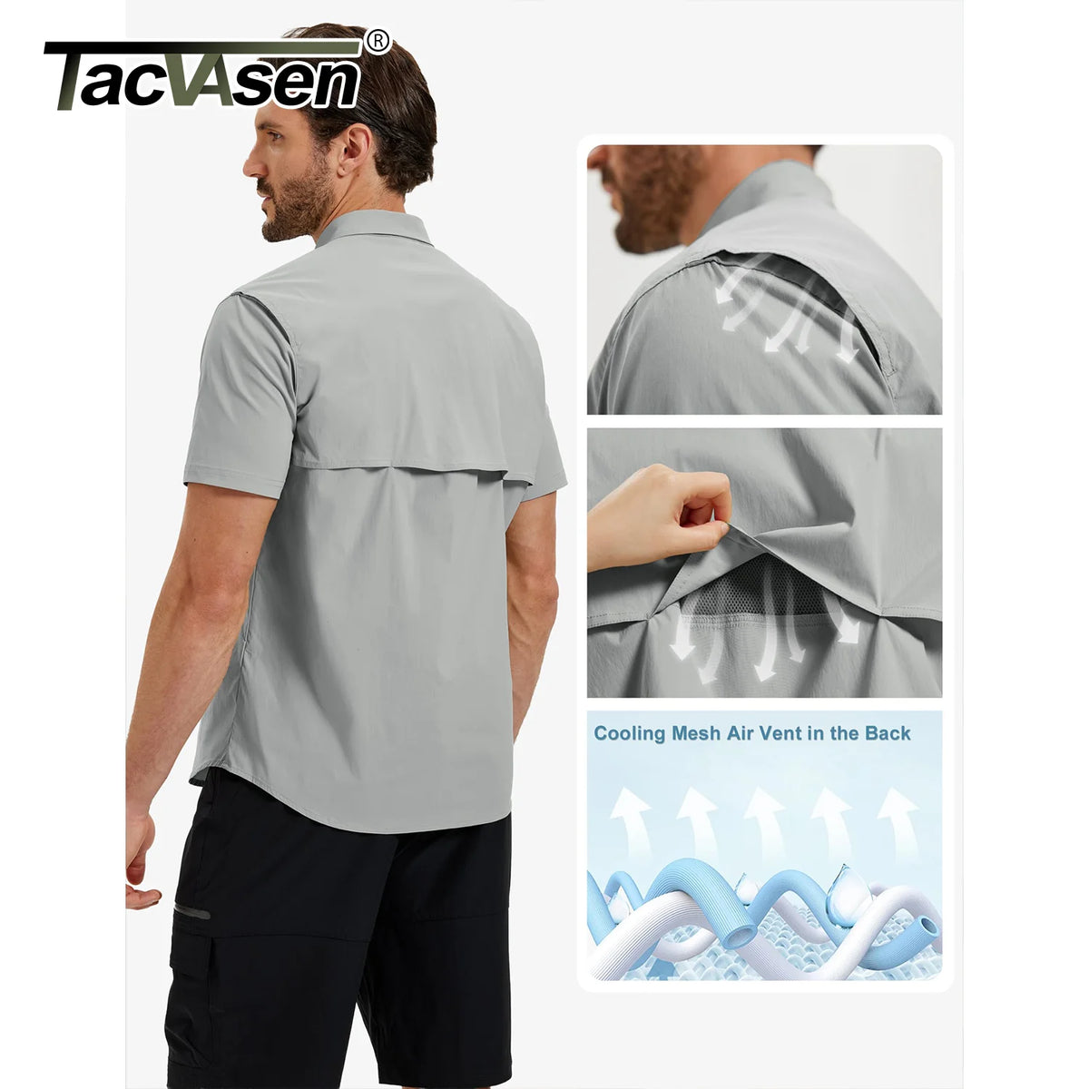 TACVASEN Men's UPF 50 Fishing Shirt Quick Dry Breathable Short Sleeve Tactical Shirt Button Down Sun Shirt for Work with Pockets