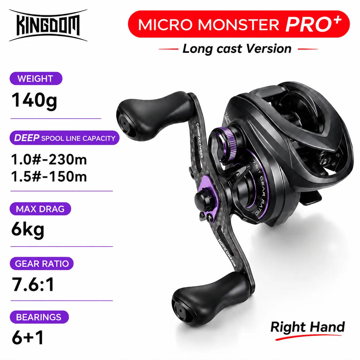 Kingdom Micro Monster Pro PRO+  Baitcasting Fishing Reel 4K/6kg Max Drag 7.6:1 Gear Ratio 138g Ultra-light Carbon Fishing Reel