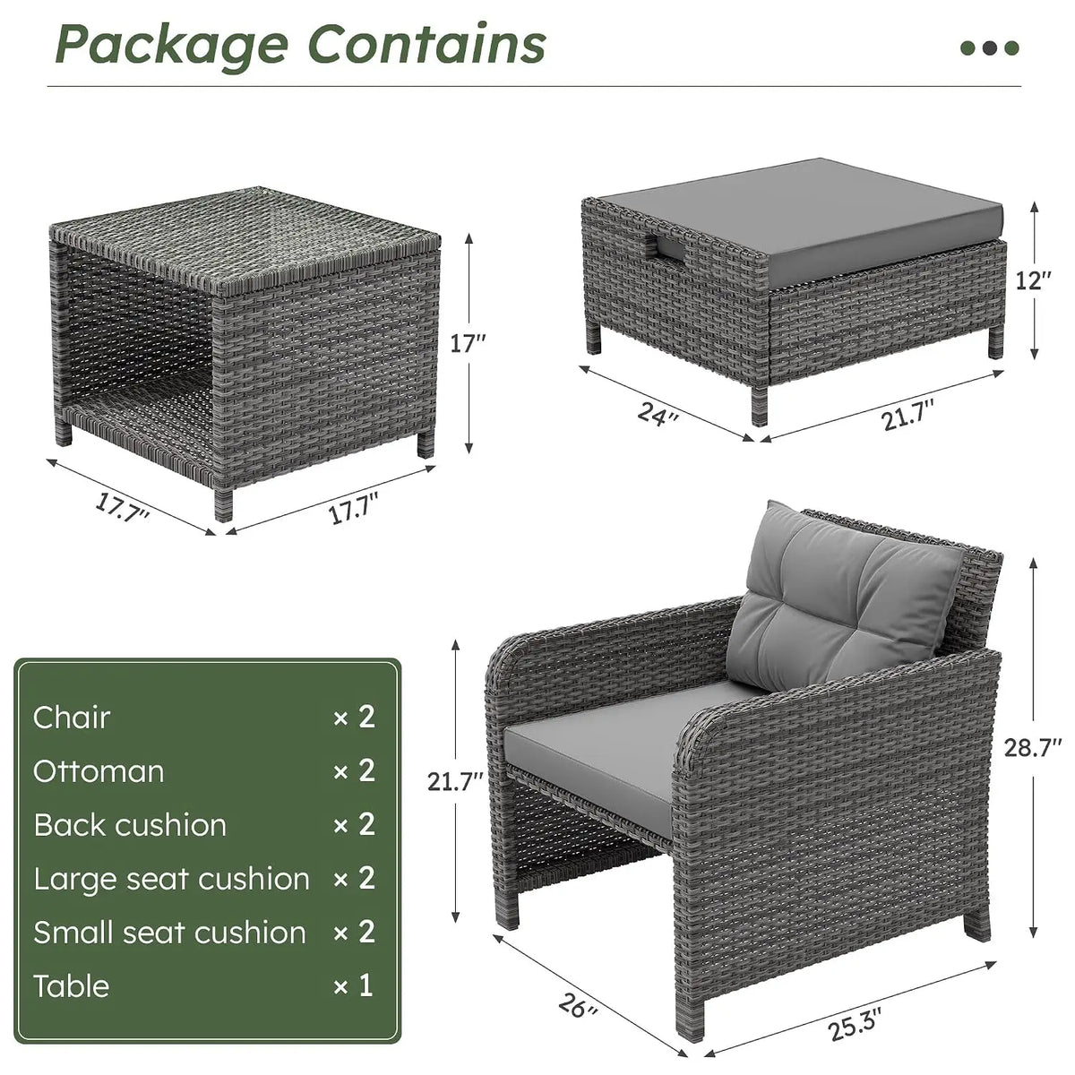 5 Piece Patio Furniture Set, PE Wicker Outdoor Furniture Set with Soft Cushions & Coffee Table, Outdoor Lounge Chairs, Custom