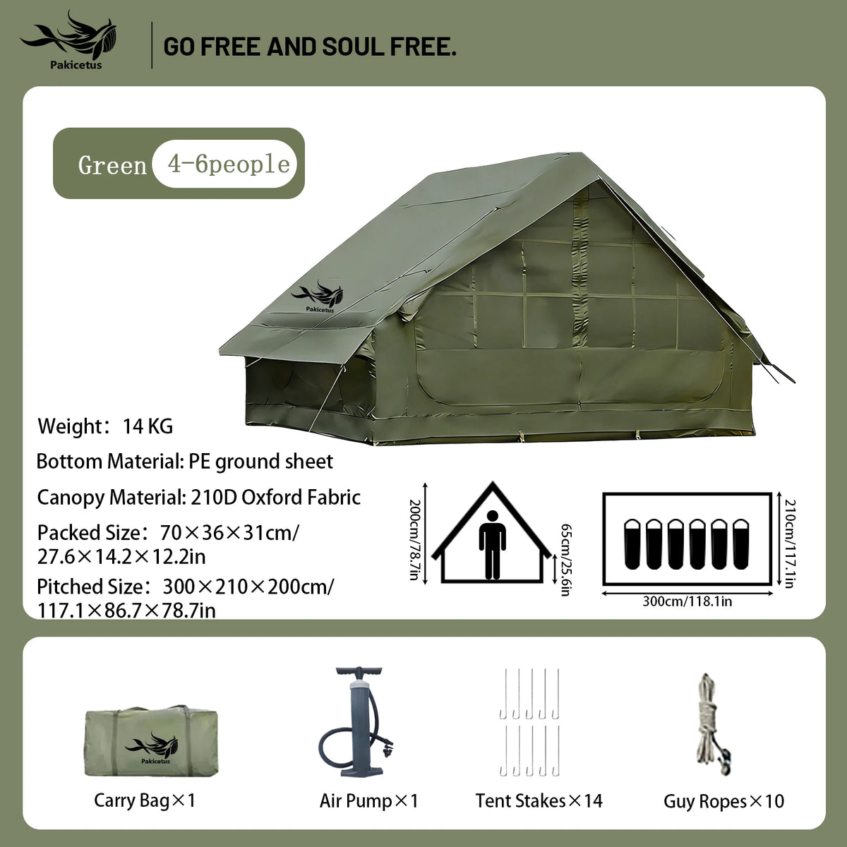 PAKICETUS Inflatable Camping Tent for 4-8 People, Breathable Mesh Windows Luxury Air Cabin Tent, UV Protection Quick Setup Outdoor Shelter for Hiking, Picnic, Backyard & Road Travel