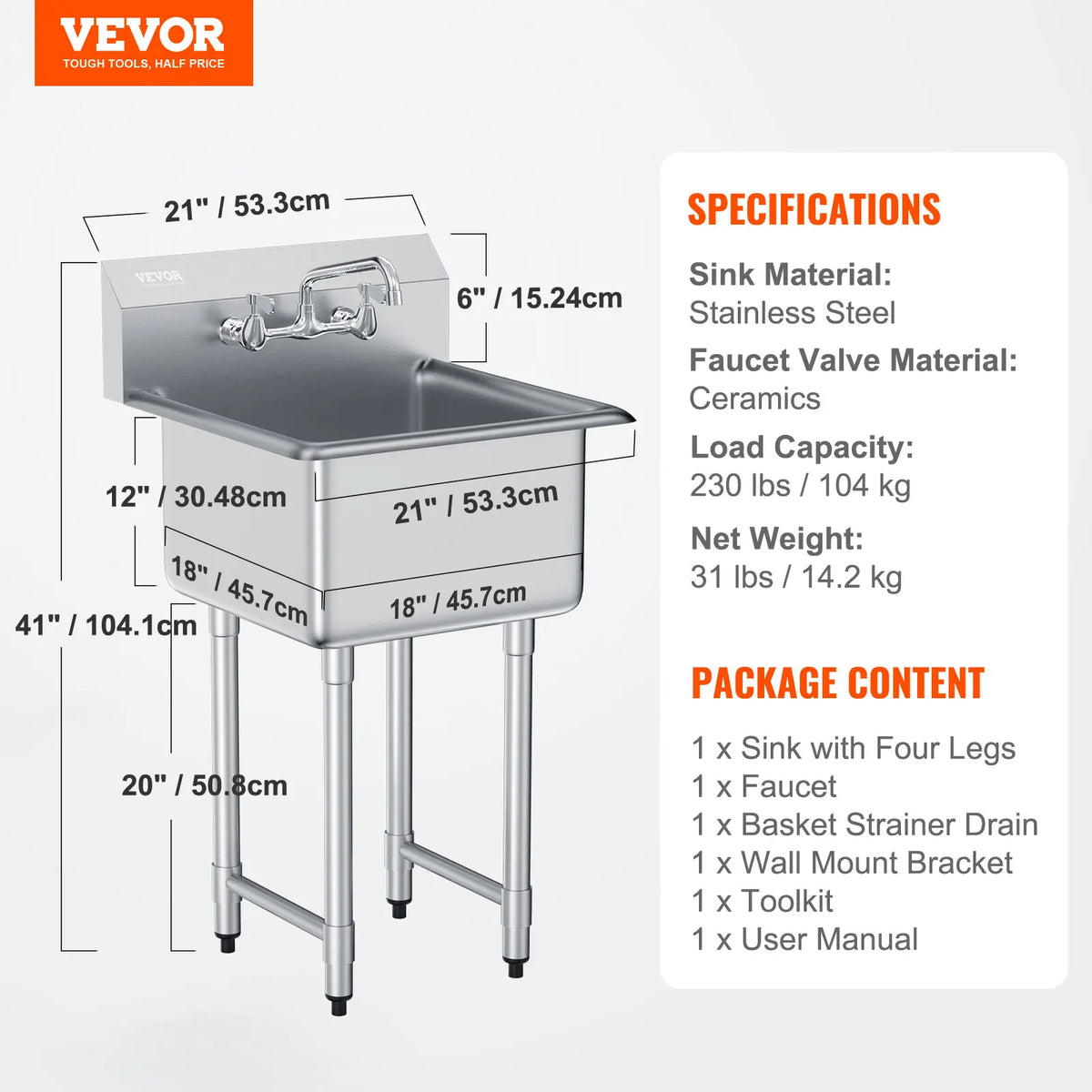 SucceBuy Stainless Steel Kitchen Prep & Utility Sink 1 Compartment Restaurant Commercial Steel Sink w/Faucet for Restaurant Home