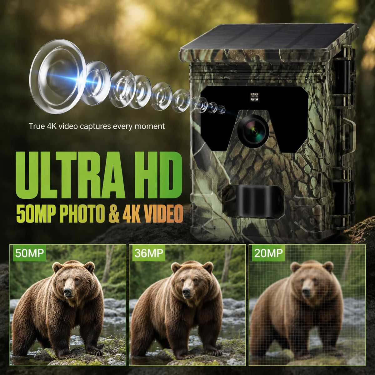 50MP 4K Solar Panel Hunting Camera Infrared Night Vision Monitoring Wildlife Trap Trail Camera Video Photo Recorder Cam