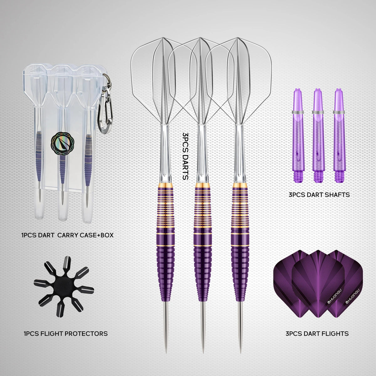 Professional Copper-Made Hard Dart Set, Purple and Gold Color Scheme, Dual Style Combination, Includes Spare Dart Shafts, Pet Dart Wing Storage Box, Suitable for Dart Board Training, Bar Entertainment, and Home Competition