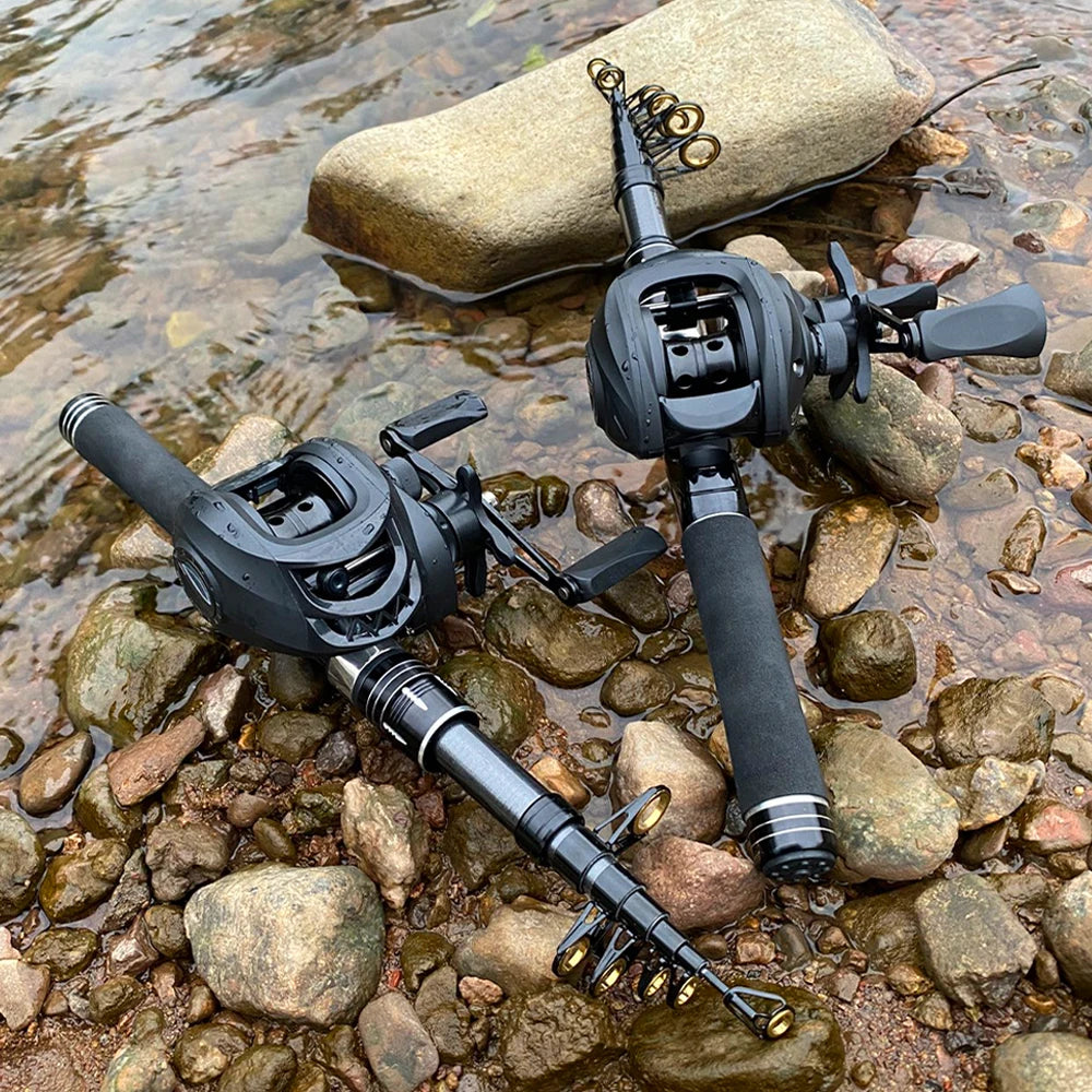 Mini Shrink 31cm Portable Fishing Rod Kit 1.5-2.1M Telescopic Carbon Trave Pole High Speed 7.2:1 Baitcasting Reel Carp Fishing
