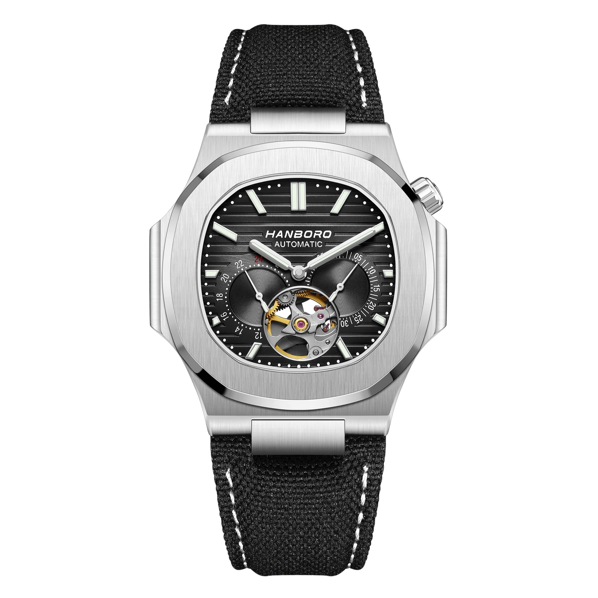 HANBORO Creative Crown Design Rose Gold Square Men's Brown Skull Mechanical Watch Canvas Strap Personalized Japanese Movement
