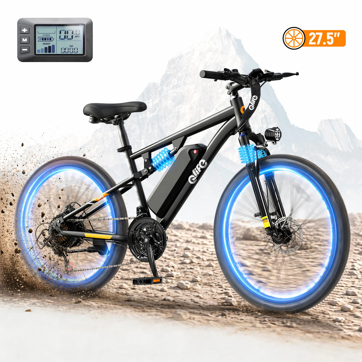 Qlife Racer Ultra Electric Bike for Adults, Peak 1200W 48V 10.4Ah,  27.5" Tire Electric Mountain Bike, 28MPH 55 Miles Off-road Electric Bicycle, 21-Speed E-Bicycle with Full Suspension