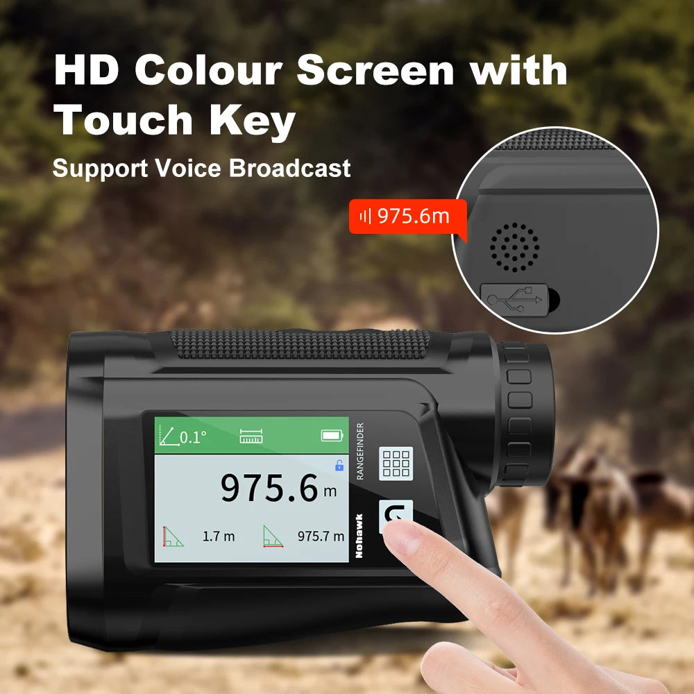 NOHAWK 1500M Laser Rangefinder Voice Broadcast Touchable HD Screen, Distance/Angle/Speed/Scan/Golf Multi Modes for Golf or Hunt