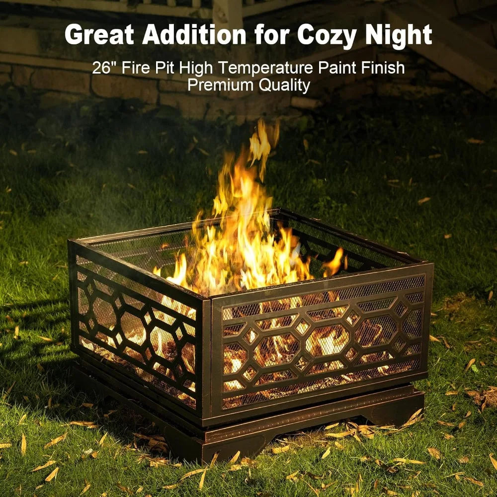 26in Fire Pit Wood Burning Outdoor Fireplace Mesh Cover