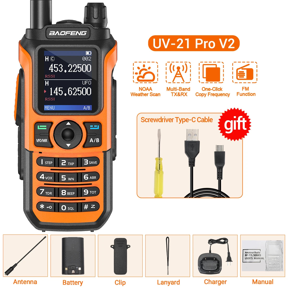 Baofeng UV-21 Pro Wireless Copy Frequency VHF UHF Powerful Waterproof V2 Long Range UV-32 Long Range Type-C Two Way Ham Radio
