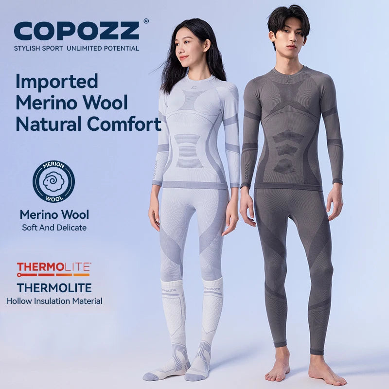 COPOZZ Merino Wool Ski Thermal Underwear Sets Men Female Ultra Soft Ski Sweatwicking Multi function Compression Tracksuit