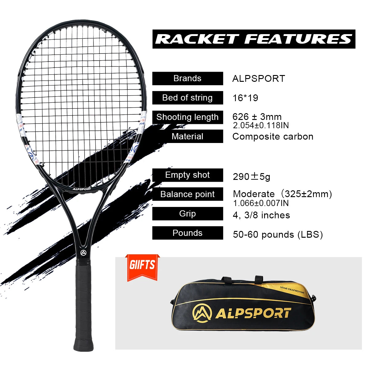ALPSPORT Carbon Fiber Tennis Racket T800 18K-Professional Grade with Bag&Strap Lightweight Training Racquet for Adults Men&Women