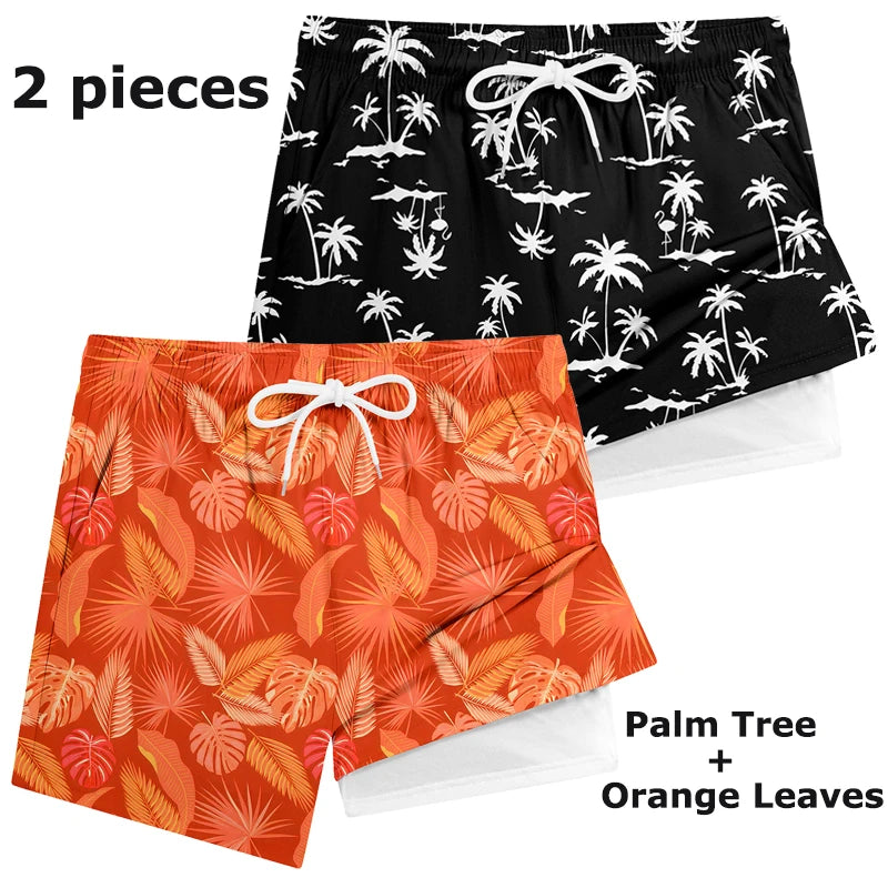 3D Print 2 in 1 Mens Swim Trunks Summer Quick Dry Beach Shorts with Phone Pocket Swimwear Swimsuit Bathing Suit  Board Shorts