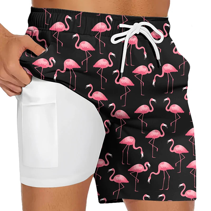 3D Print 2 in 1 Mens Swim Trunks Summer Quick Dry Beach Shorts with Phone Pocket Swimwear Swimsuit Bathing Suit  Board Shorts