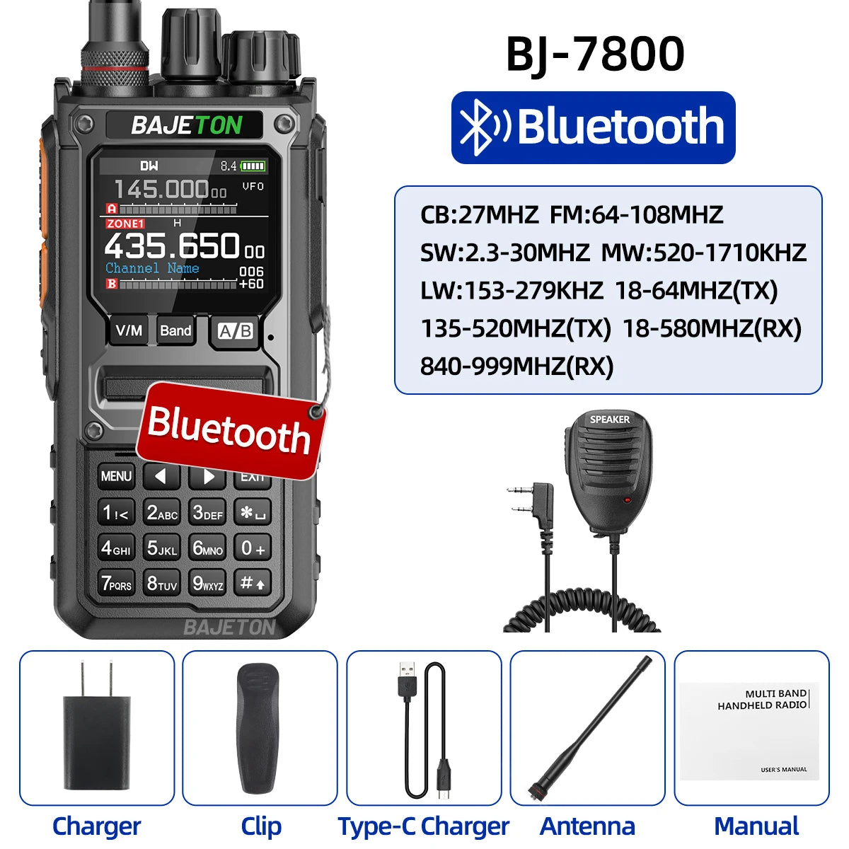 BAJETON BJ-7800 Walkie Talkie NOAA SW MW LW AM SSB CB 10W Receive Wireless Bluetooth Phone Programming for RT-920 Two Way Radio