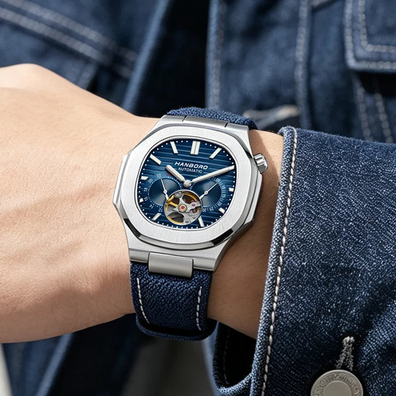 HANBORO Creative Crown Design Rose Gold Square Men's Brown Skull Mechanical Watch Canvas Strap Personalized Japanese Movement